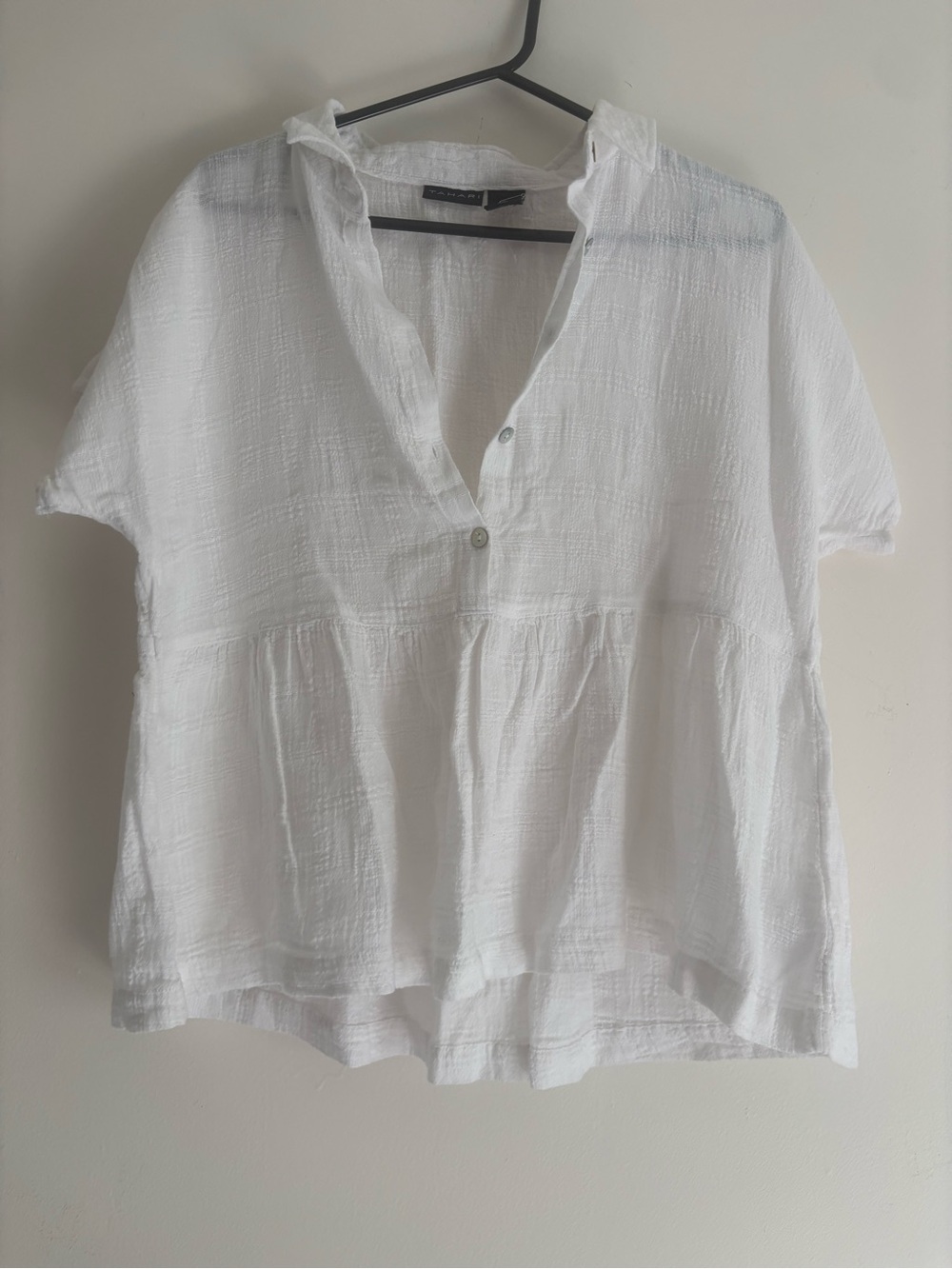 Tahari White Gauze Split-Neck Peplum Tunic